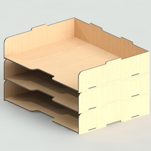 May include: A three-tiered wooden desktop organizer with a light wood finish. The organizer has three open compartments for storing papers, files, or other office supplies.