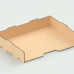 May include: A wooden file tray with a light brown finish and black edges. The tray is empty and has a rectangular shape.