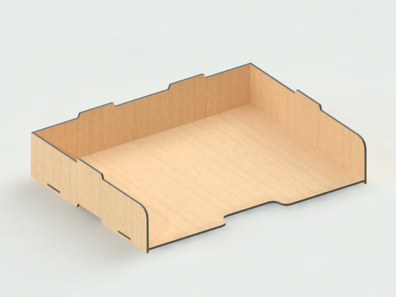May include: A wooden file tray with a light brown finish and black edges. The tray is empty and has a rectangular shape.
