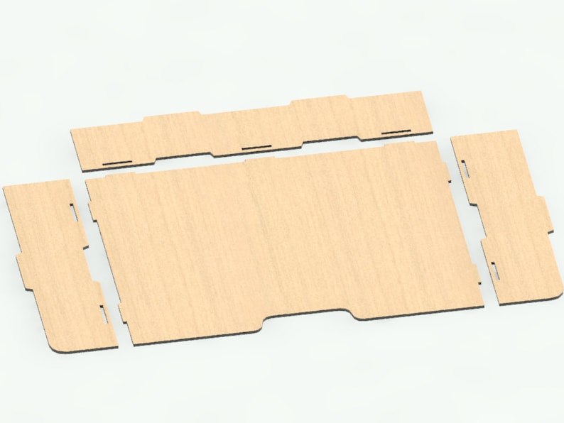 May include: Four pieces of unfinished wood, cut into rectangular shapes, with a wood grain pattern. The pieces are arranged in a way that suggests they could be assembled into a box.
