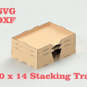 May include: A set of three 10 x 14 inch wooden stacking trays. The trays are made of light brown wood and have a simple design. The trays are stacked on top of each other, with the top tray slightly offset from the bottom two trays.