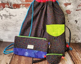 Rainbow Dots Bundle, Drawstring Backpack, Wristlet, Mini Wedge Pouch, Cell Phone Purse, Rainbow Polka Dots