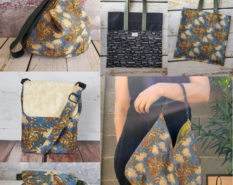 Blue Floral Large Bag Bundle, Large Carry All, Crossbody Purse, Tote Bag, Teardrop Purse, Mini Wedge Pouch, Matching Bag Set