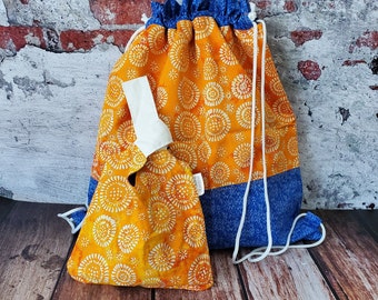 Orange Bandana Bag Bundle, Large Drawstring Backpack, Small Knot Handbag, Matching Bag Set