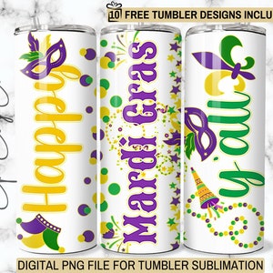 May include: Three sublimation designs for tumblers featuring Mardi Gras themes. The designs include the text "Happy", "Mardi Gras", and "Y'all" in purple, green, and gold. Each design includes a purple mask, green and gold beads, and other Mardi Gras decorations.