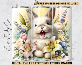 Cute Bunny Tumbler Wrap, 20oz Skinny Sublimation, Instant Digital Download, Floral Bunny Design, Happy Bunny Gift PNG