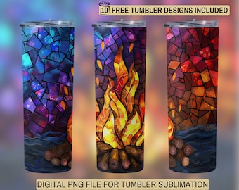 May include: Three different designs for a sublimation tumbler featuring a stained glass style campfire with blue, purple, red, orange, and yellow colors. The campfire is surrounded by water and logs.
