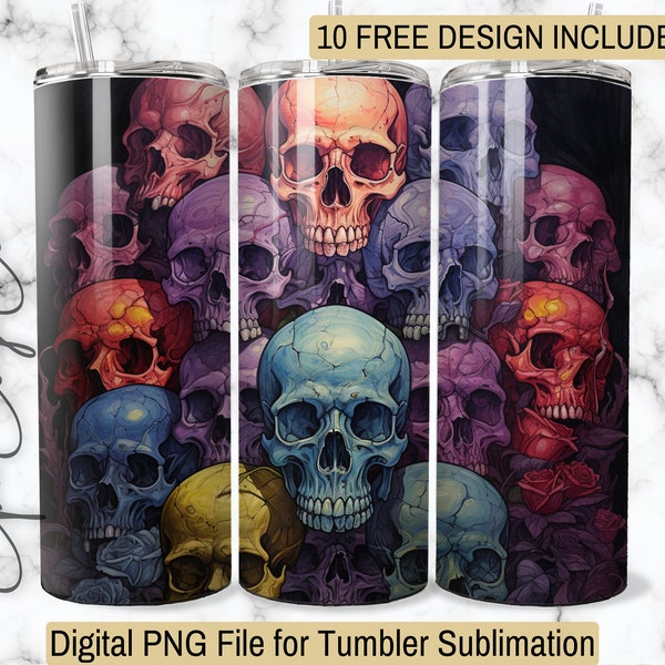 Colorful Skull 20 oz Skinny Tumbler Wrap DIGITAL DOWNLOAD ONLY Sublimation Gothic Design