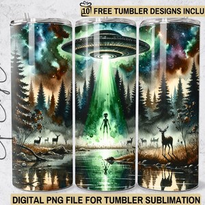 May include: A digital sublimation design for a tumbler featuring a watercolor scene of a forest with a UFO hovering above. The UFO is emitting a green beam of light. The design also includes deer and a figure resembling an alien.