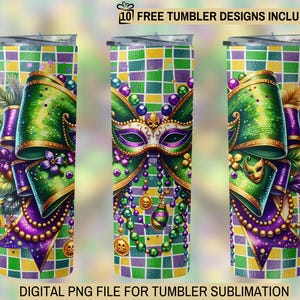 マルディグラ コケット ボウ タンブラー ラップ、20 オンス スキニー 昇華、インスタント デジタル ダウンロード、パーティー ニューオーリンズ デザイン、ボウ フェザー マスク PNG