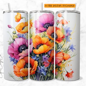 Watercolor Poppy Tumbler Wrap: Floral Sublimation Design (Digital Download)