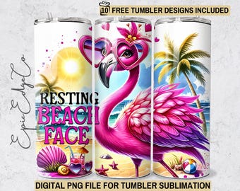 Resting Beach Face Tumbler Wrap: Funny Flamingo PNG (Digital Download)