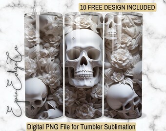 3D skull 20 Oz Tumbler Sublimation Wraps  DIGITAL Instant Download ONLY Halloween PNG