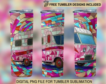 May include: A pink and blue stained glass design of a vintage camper van. The design is perfect for sublimation on a tumbler.