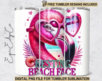 Funny Flamingo Tumbler Wrap: Resting Beach Face PNG (Digital Download)