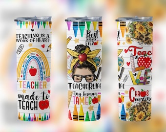May include: Three different designs for a teacher tumbler. The first tumbler has a rainbow, apple, and the text "Teaching is a work of heart, Teacher made to teach". The second tumbler has a cartoon teacher with the text "Best Teacher Ever, Teacherlife Tiny human tamer". The third tumbler has a sunflower, leopard print, and the text "Teach Love Chaos Coordin".