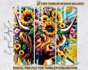 Highland Cow Sunflower Tumbler Wrap: 20oz Skinny Sublimation (Digital Download)