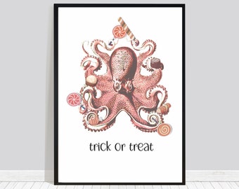 Boho Candy Octopus Kraken Wall Art, Altered Vintage Art, Squid Art, Remixed Vintage Art, Pastel Halloween, Trick or Treat, Digital Download