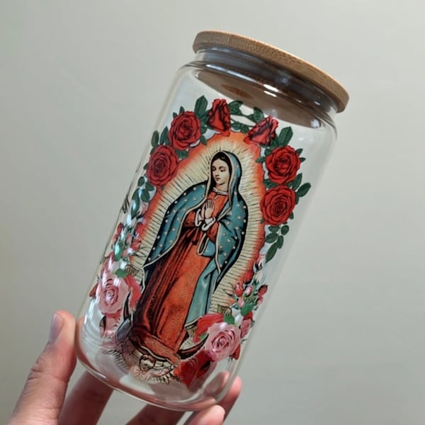 Virgen de Guadalupe Glass Cup, Our Lady of Guadalupe Beer Can Glass, Mexican Catholic Tumbler