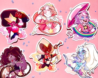 May include: Set of ten colorful cartoon character stickers featuring characters from the popular animated series Steven Universe. The stickers feature characters like Garnet, Amethyst, Pearl, Peridot, Lapis Lazuli, and more. Each sticker is approximately 2 inches in diameter.