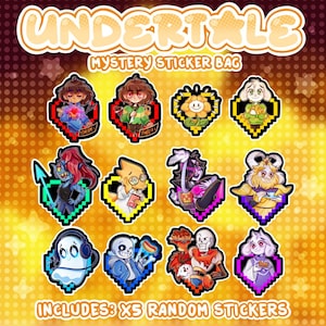 May include: A collection of colorful Undertale character stickers in a mystery sticker bag. The stickers feature various characters with pixelated borders and the text "Undertale" at the top. The bag includes 5 random stickers.