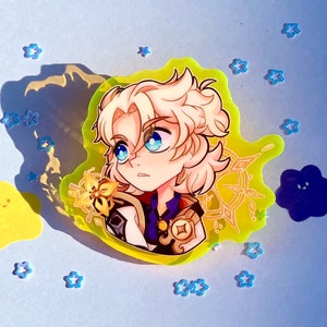 May include: A yellow and white anime character with blonde hair and blue eyes. The character is wearing a white shirt with a gold and purple design. The character is holding a yellow flower. The background is a yellow and white swirl.