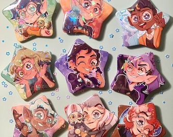 May include: Nine star-shaped pins featuring cartoon characters with different expressions and poses. The characters are all wearing different outfits and have unique hairstyles. The pins are colorful and have a glossy finish.