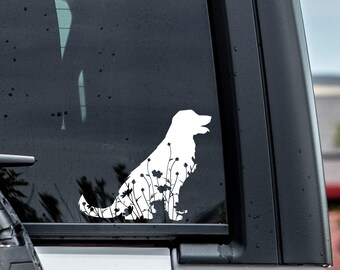 Golden Retriever Car Decal, Floral Golden Dog Design, Waterproof Permanent Decal
