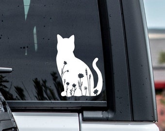 Cat Car Decal, Floral Cat Design, Waterproof Permanent Decal