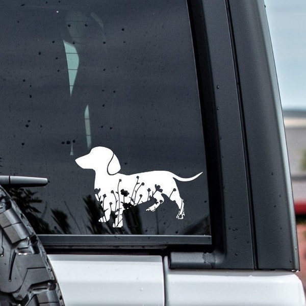 Dachshund Car Decal, Floral Doxie Sausage Weiner Dog Design, Waterproof Permanent Decal