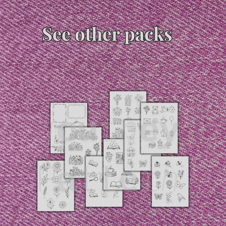 以下が含まれることがあります： 花、本、その他の自然をテーマにしたデザインの黒い線画イラストが描かれた白いカードのコレクション。「See other packs」というテキストが上部にあります。背景は、質感のある紫色の生地です。