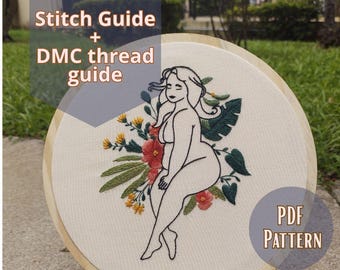 Curvy Woman Floral Embroidery Pattern – PDF Digital Download – DIY Hand Embroidery Template with Detailed Instructions