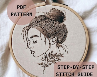 ミニマリスト女性の横顔刺繍パターン – ステップバイステップのステッチガイド | 美的感覚とイットガールの雰囲気