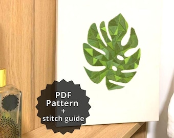 断片的なモンステラの葉の手刺繍パターン - モダンな植物デザイン - PDFダウンロード