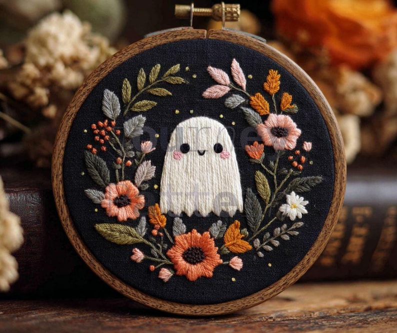 May include: Embroidered artwork featuring a friendly ghost with a smiling face, surrounded by a floral wreath. The design is set against a black background within a wooden embroidery hoop. The flowers are in shades of orange, pink, and white.
