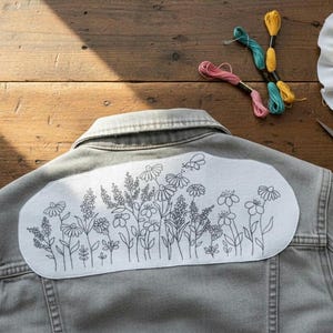 刺繍デニムジャケットバックデジタルパターンセット、DIY手刺繍デザイン、花柄ファイル2枚、10.5インチインスタントダウンロード、ハンドメイドスタイル 画像 2