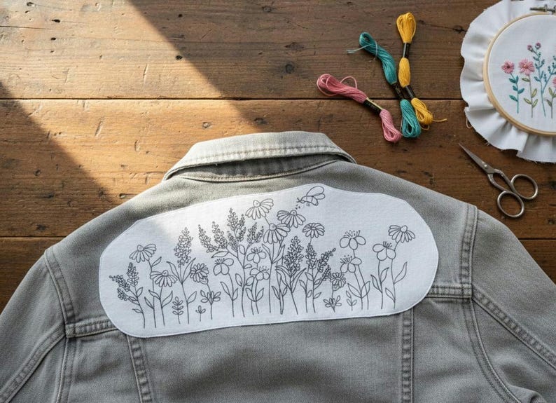 刺繍デニムジャケットバックデジタルパターンセット、DIY手刺繍デザイン、花柄ファイル2枚、10.5インチインスタントダウンロード、ハンドメイドスタイル 画像 2