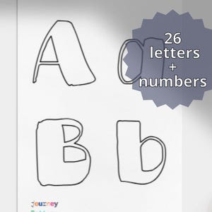 Pode incluir: Uma folha de papel branca com as letras A, B e b, e o número 0 delineados em preto. Uma régua de metal está à esquerda. Um gráfico azul-acinzentado em forma de estrela diz "26 letras + números".