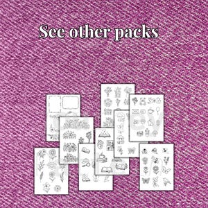 May include: A collection of black and white sticker sheets with various hand-drawn illustrations, including flowers, books, and butterflies. The text "See other packs" is displayed at the top. The background is a textured, pink fabric.