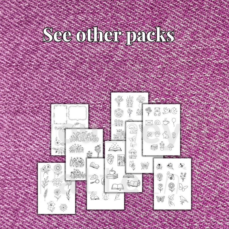 May include: A collection of black and white sticker sheets with various hand-drawn illustrations, including flowers, books, and butterflies. The text "See other packs" is displayed at the top. The background is a textured, pink fabric.