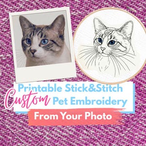 Pode incluir: Imagem com uma foto de um gato e um bordado personalizado para animais de estimação. A foto mostra um gato com olhos azuis e pelagem cinza e branca. O bastidor de bordado apresenta um desenho a traço de um gato com olhos azuis. O texto diz "Printable Stick & Stitch Custom Pet Embroidery From Your Photo."