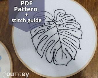 大きなモンステラの葉の刺繍パターン - トロピカルな植物デザイン、印刷可能な手刺繍テンプレート、初心者向けPDFダウンロード