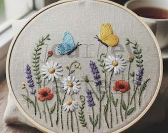 花の刺繍パターン集、手刺繍PDF、植物の花のデザイン、蝶、デジタルダウンロード