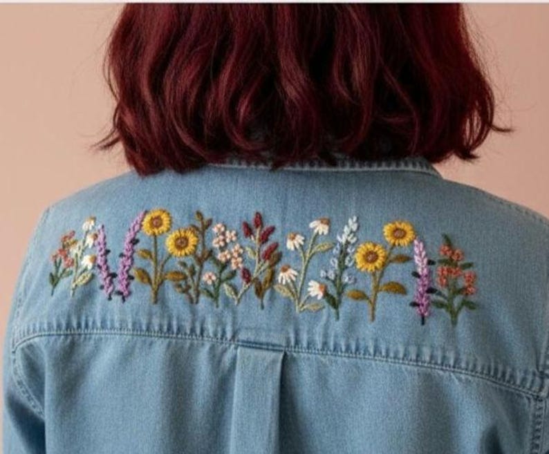 刺繍デニムジャケットバックデジタルパターンセット、DIY手刺繍デザイン、花柄ファイル2枚、10.5インチインスタントダウンロード、ハンドメイドスタイル 画像 8