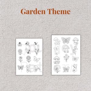 May include: Two white cards with garden-themed illustrations. One card features line drawings of ladybirds, bees, flowers, and butterflies. The other card displays mushrooms, butterflies, and flowers. The words "Garden Theme" are at the top.
