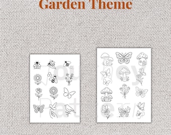 ガーデンハンド刺繍パターンPDF – ミツバチ、てんとう虫、花、キノコ – 印刷可能＆ステッチガイド付きで貼って縫う