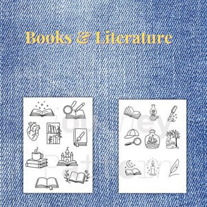 Pode incluir: Dois cartões brancos com ilustrações a preto de livros, lupas e outros elementos literários. O texto "Books & Literature" está em letras douradas sobre um fundo de ganga.