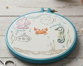 40種類以上の海洋刺繍パターン PDF | 海の生き物と航海刺繍セット | 海洋動物の線画 | すぐにダウンロード