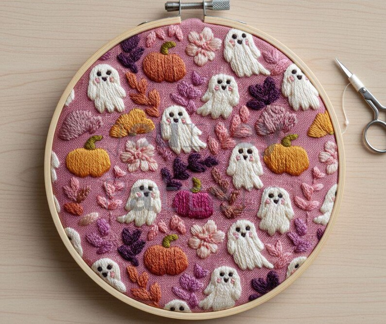 May include: Hand-stitched embroidery art in a wooden hoop. The design features white ghosts, orange pumpkins, and pink flowers on a pink fabric background. The embroidery is detailed with various colors of thread, creating a textured and whimsical Halloween theme.