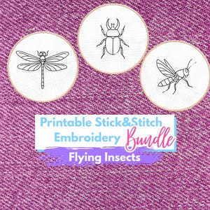May include: Printable embroidery bundle featuring three insect designs: a dragonfly, a beetle, and a wasp, each within a round embroidery hoop. The text "Printable Stick & Stitch Embroidery Bundle Flying Insects" is displayed below the hoops on a purple background.